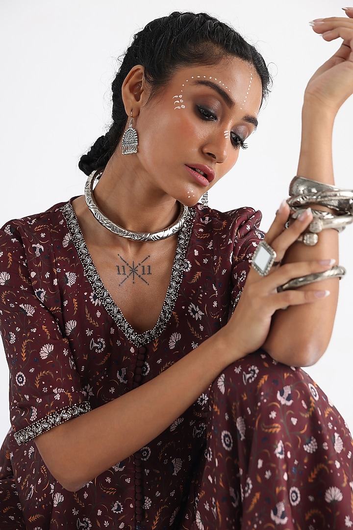 Brown Georgette Satin & Taffeta Printed Co-Ord Set by Smriti by Anju Agarwal at Pernia's Pop Up Shop