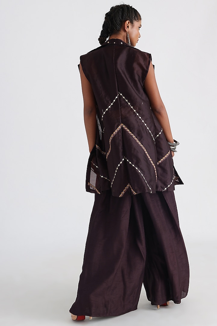 Brown Satin Organza Embroidered Jacket Set by Smriti by Anju Agarwal at Pernia's Pop Up Shop