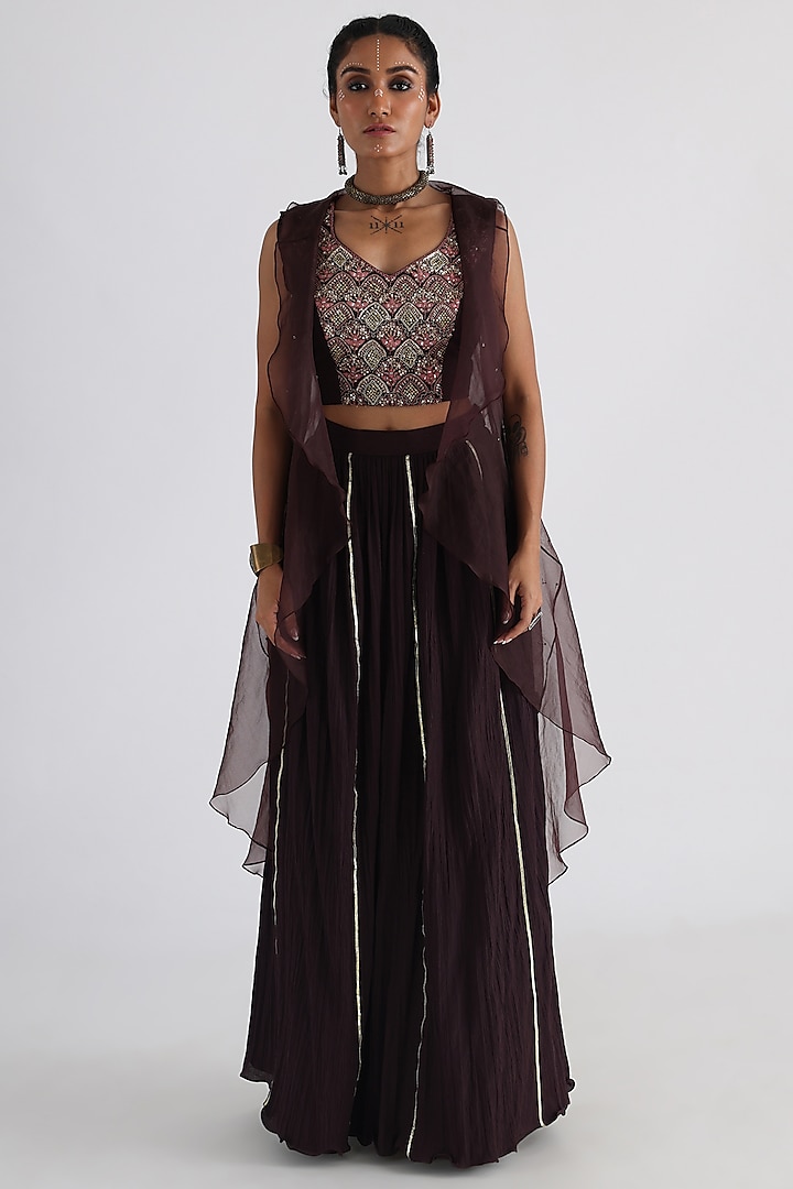 Brown Organza Embroidered Cape Set by Smriti by Anju Agarwal