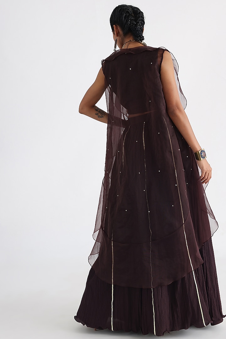 Brown Organza Embroidered Cape Set by Smriti by Anju Agarwal at Pernia's Pop Up Shop