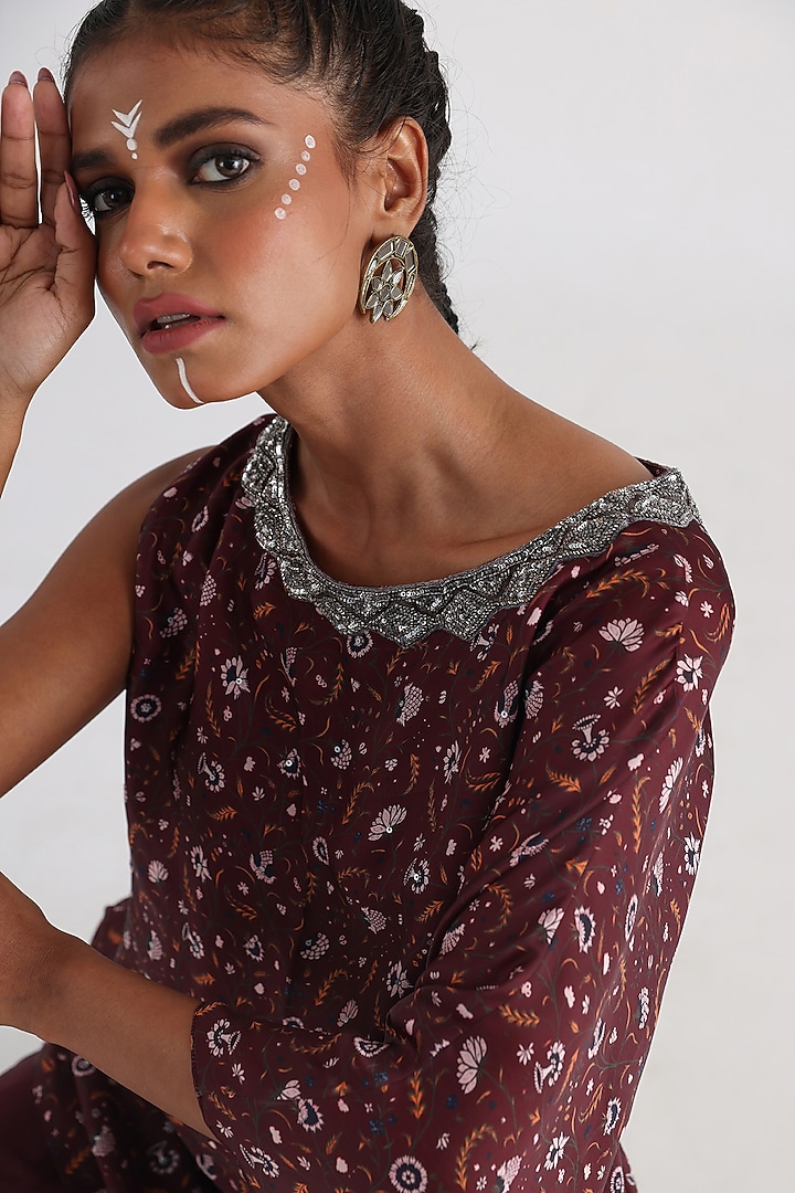 Brown Taffet & Crepe Printed Co-Ord Set by Smriti by Anju Agarwal at Pernia's Pop Up Shop