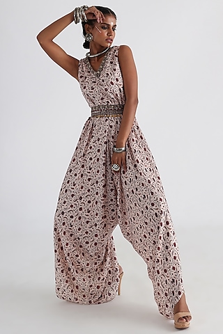 Off-White Satin Georgette & Mulmul Embroidered Jumpsuit by Smriti by Anju Agarwal