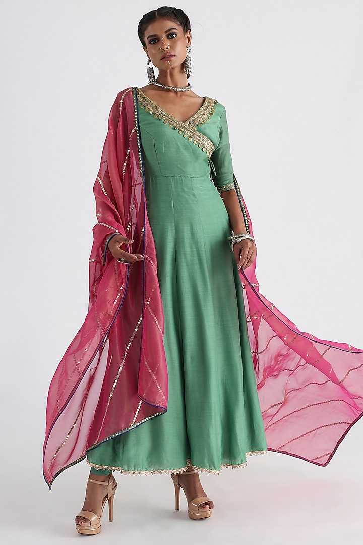 Green Silk Muslin & Taffeta Embroidered Angrakha Set by Smriti by Anju Agarwal at Pernia's Pop Up Shop