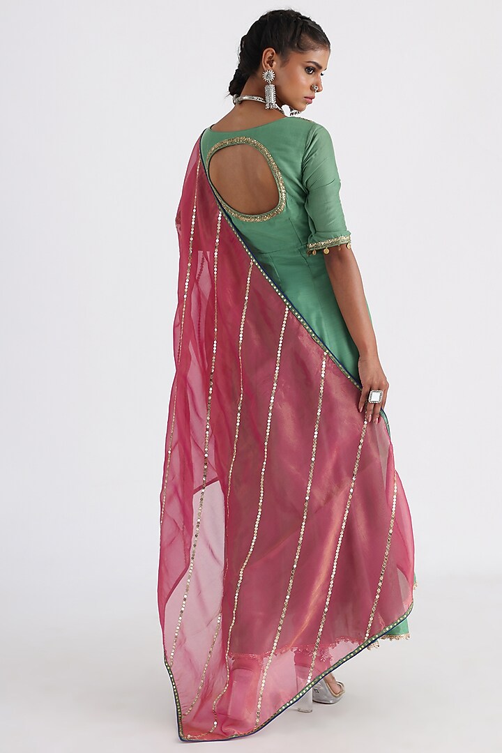 Green Silk Muslin & Taffeta Embroidered Angrakha Set by Smriti by Anju Agarwal at Pernia's Pop Up Shop