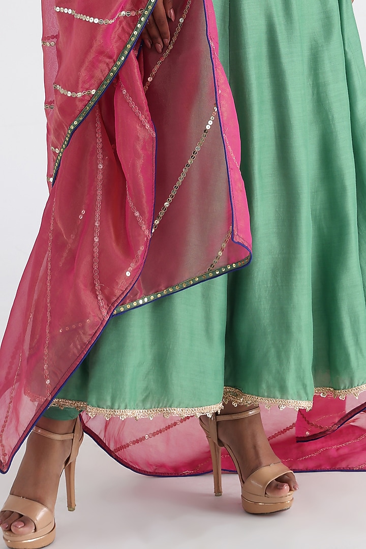 Green Silk Muslin & Taffeta Embroidered Angrakha Set by Smriti by Anju Agarwal at Pernia's Pop Up Shop