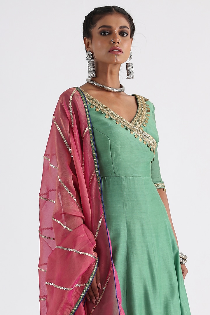 Green Silk Muslin & Taffeta Embroidered Angrakha Set by Smriti by Anju Agarwal at Pernia's Pop Up Shop