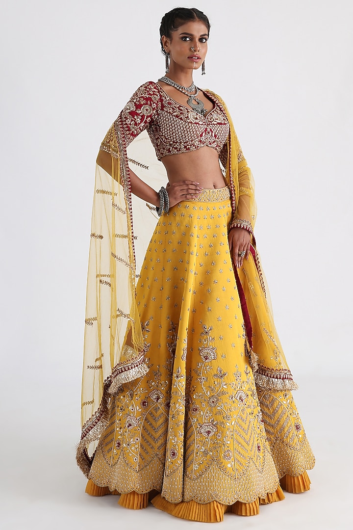Yellow Linen Satin & Taffeta Embroidered Bridal Lehenga Set by Smriti by Anju Agarwal at Pernia's Pop Up Shop