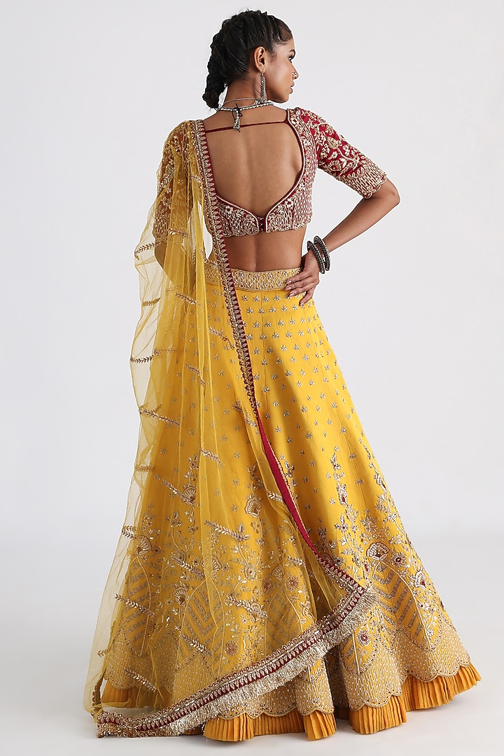 Yellow Linen Satin & Taffeta Embroidered Bridal Lehenga Set by Smriti by Anju Agarwal at Pernia's Pop Up Shop