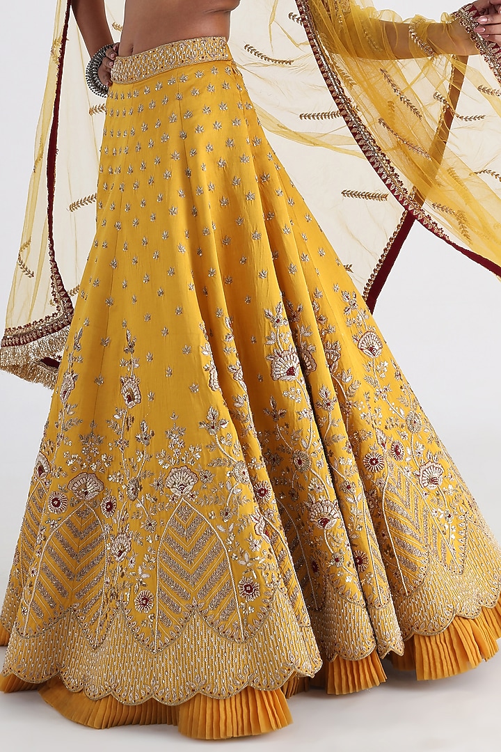 Yellow Linen Satin & Taffeta Embroidered Bridal Lehenga Set by Smriti by Anju Agarwal at Pernia's Pop Up Shop