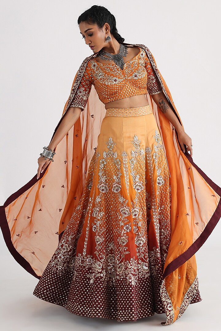 Brown & Yellow Satin organza Embroidered Ombre Bridal Lehenga Set by Smriti by Anju Agarwal at Pernia's Pop Up Shop