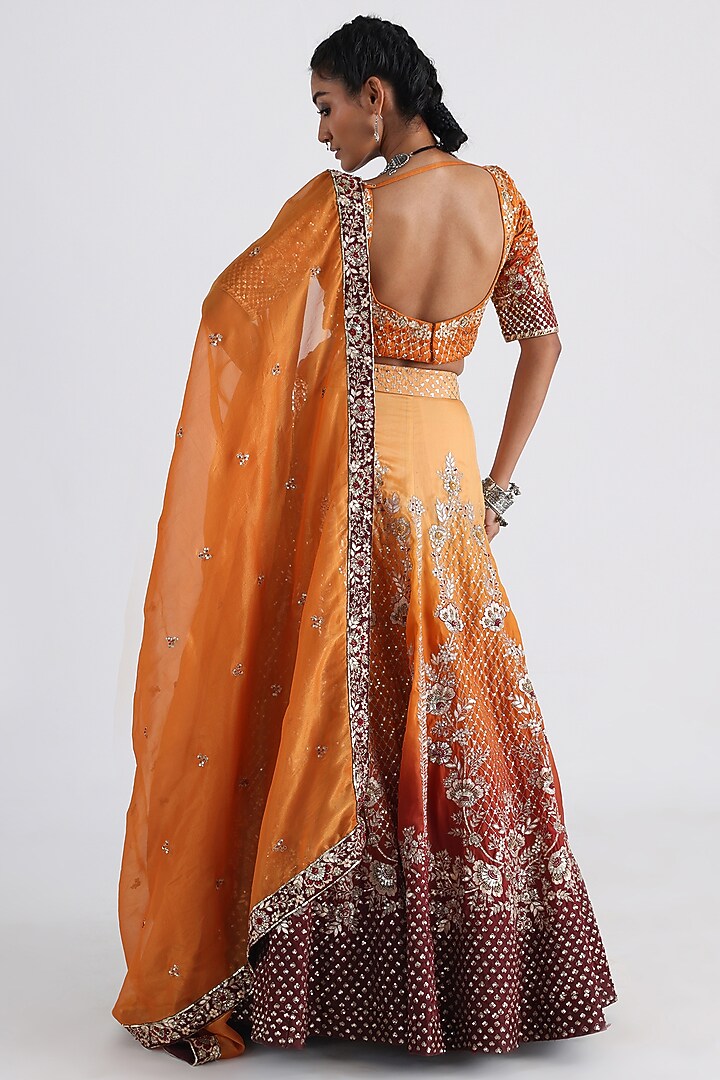 Brown & Yellow Satin organza Embroidered Ombre Bridal Lehenga Set by Smriti by Anju Agarwal at Pernia's Pop Up Shop