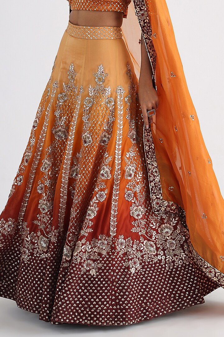 Brown & Yellow Satin organza Embroidered Ombre Bridal Lehenga Set by Smriti by Anju Agarwal at Pernia's Pop Up Shop