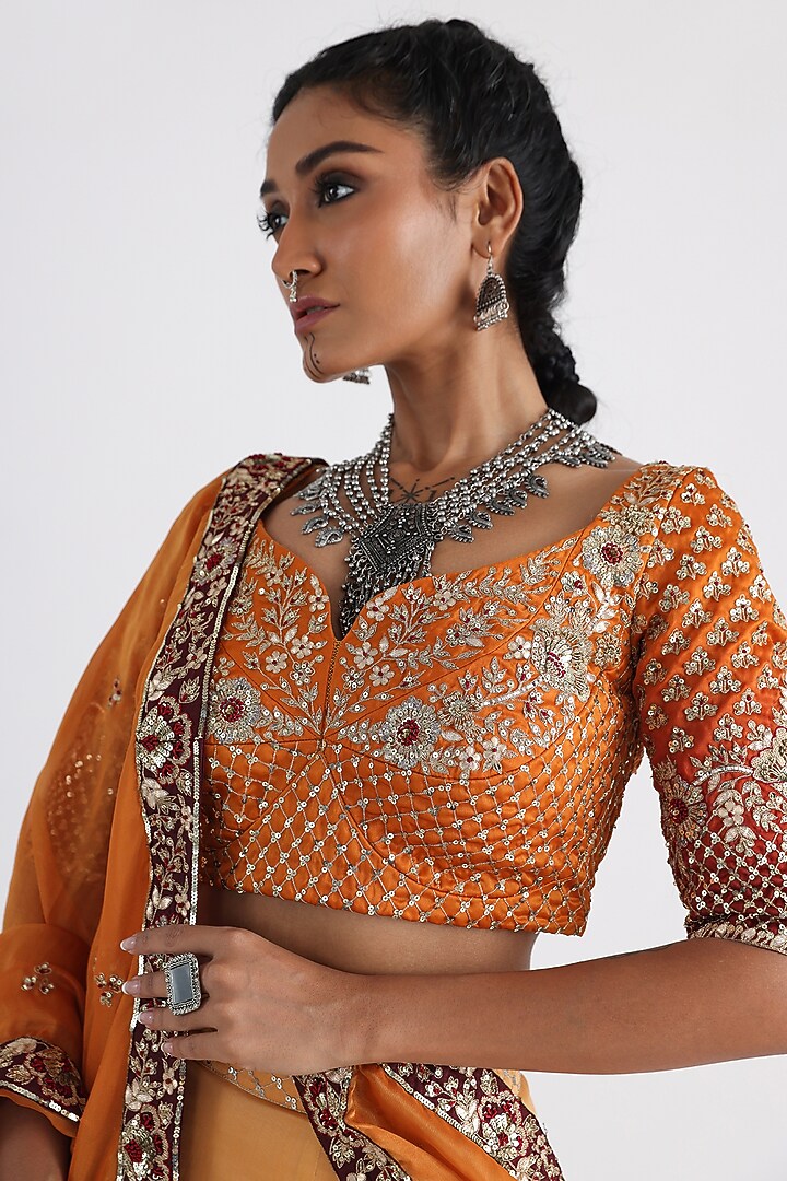 Brown & Yellow Satin organza Embroidered Ombre Bridal Lehenga Set by Smriti by Anju Agarwal at Pernia's Pop Up Shop