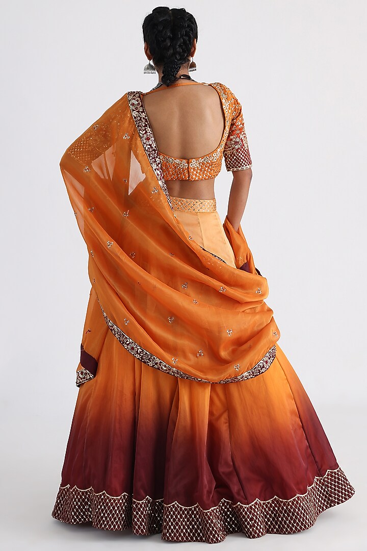 Orange & Brown Satin Organza Wedding Lehenga Set by Smriti by Anju Agarwal at Pernia's Pop Up Shop