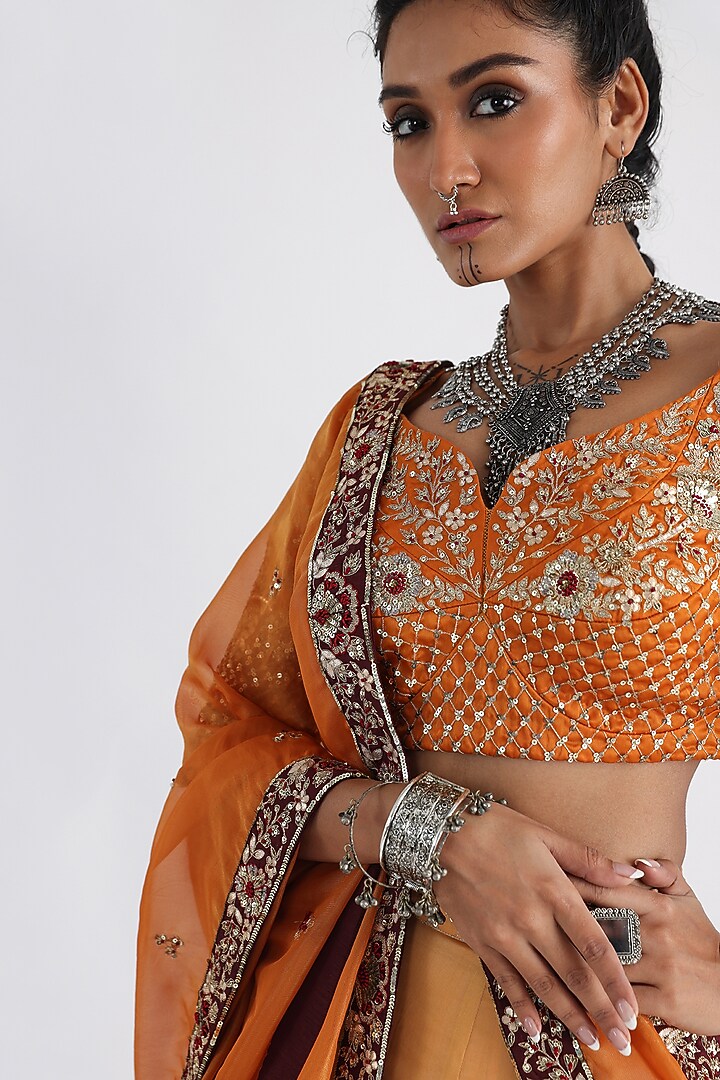 Orange & Brown Satin Organza Wedding Lehenga Set by Smriti by Anju Agarwal at Pernia's Pop Up Shop