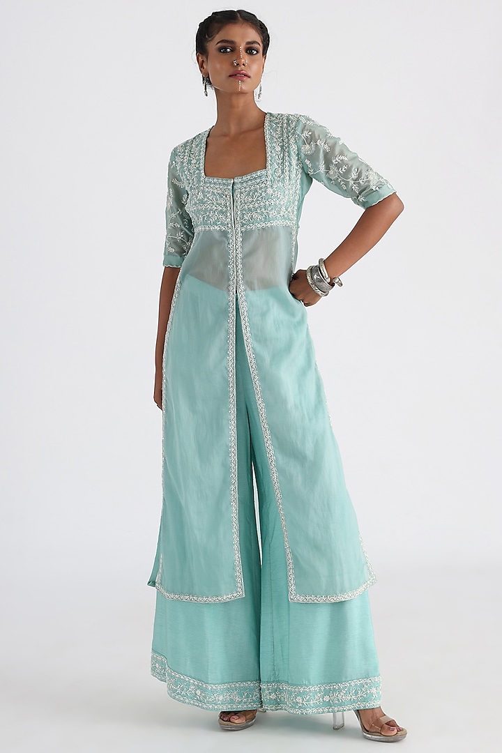 Aqua Blue Satin Organza & Mulmul Embroidered Kurta Set by Smriti by Anju Agarwal at Pernia's Pop Up Shop