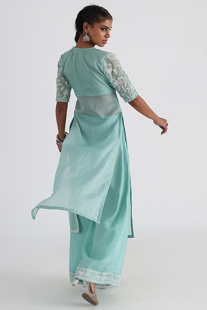 Aqua Blue Satin Organza & Mulmul Embroidered Kurta Set by Smriti by Anju Agarwal at Pernia's Pop Up Shop