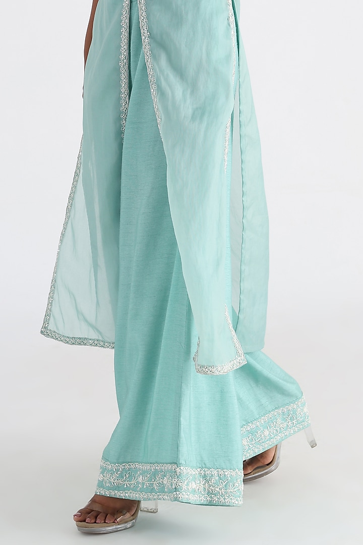 Aqua Blue Satin Organza & Mulmul Embroidered Kurta Set by Smriti by Anju Agarwal at Pernia's Pop Up Shop