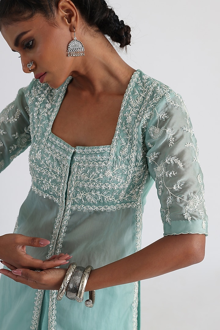 Aqua Blue Satin Organza & Mulmul Embroidered Kurta Set by Smriti by Anju Agarwal at Pernia's Pop Up Shop