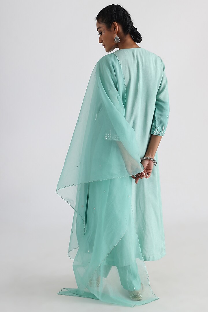 Aqua Blue Bam Silk & Mulmul Embroidered Kurta Set by Smriti by Anju Agarwal at Pernia's Pop Up Shop