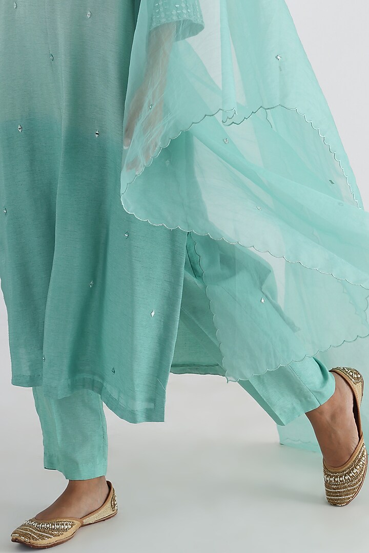 Aqua Blue Bam Silk & Mulmul Embroidered Kurta Set by Smriti by Anju Agarwal at Pernia's Pop Up Shop