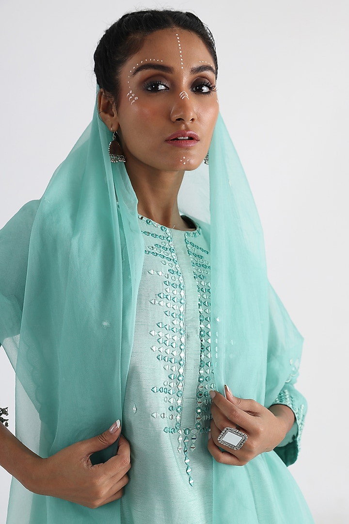 Aqua Blue Bam Silk & Mulmul Embroidered Kurta Set by Smriti by Anju Agarwal at Pernia's Pop Up Shop