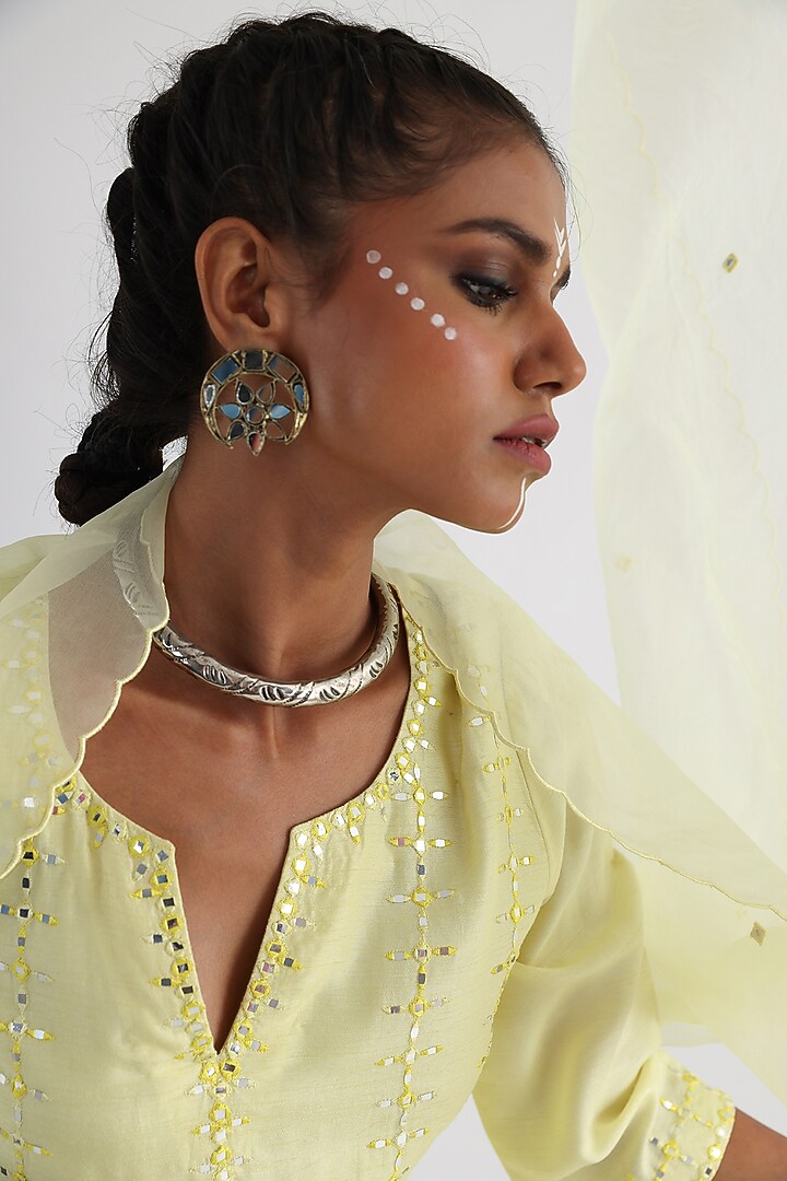 Yellow Bam Silk & Mulmul Embroidered Kurta Set by Smriti by Anju Agarwal at Pernia's Pop Up Shop