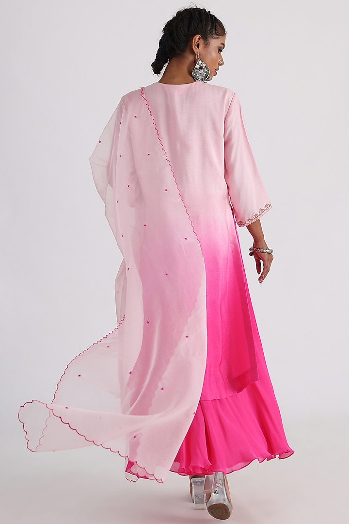 Pink Bam Silk & Chinon Embroidered Layered Ombre Kurta Set by Smriti by Anju Agarwal at Pernia's Pop Up Shop