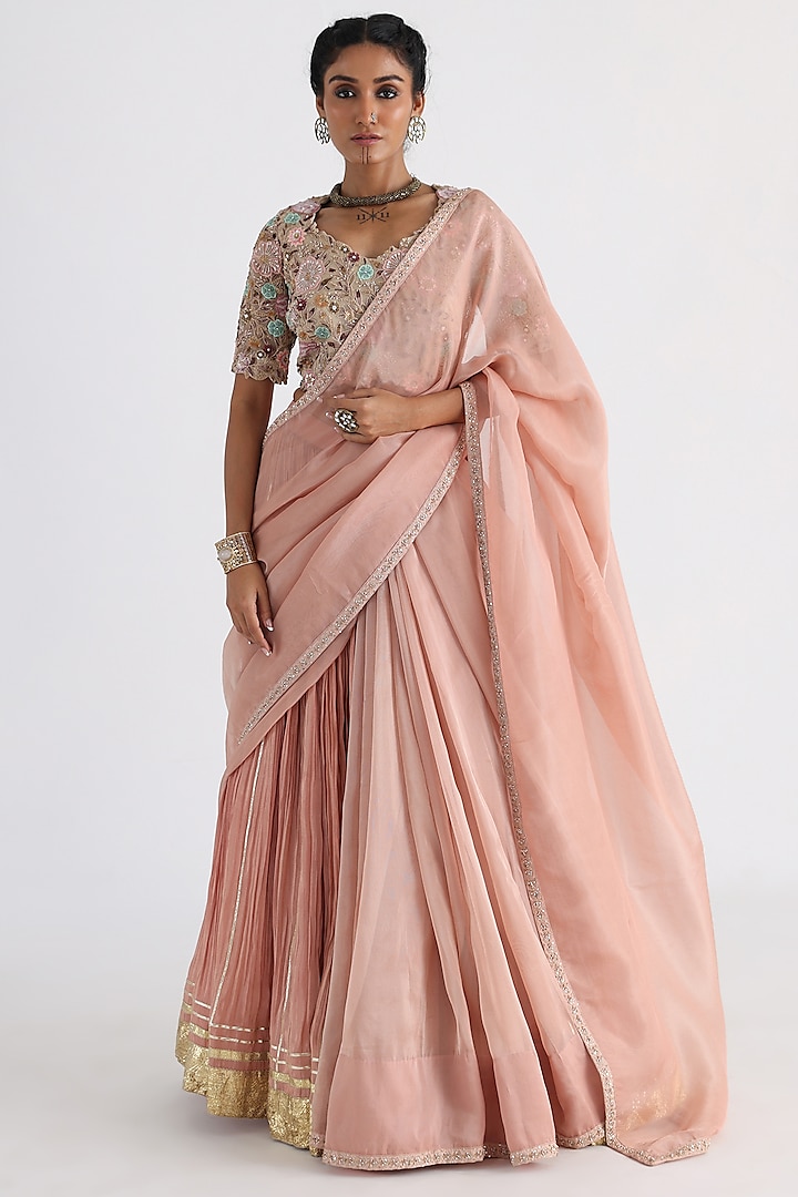 Peach Tissue & Bam Lehenga Saree Set by Smriti by Anju Agarwal at Pernia's Pop Up Shop