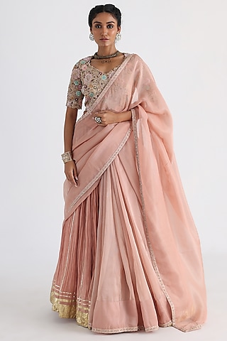 Peach Tissue & Bam Lehenga Saree Set by Smriti by Anju Agarwal