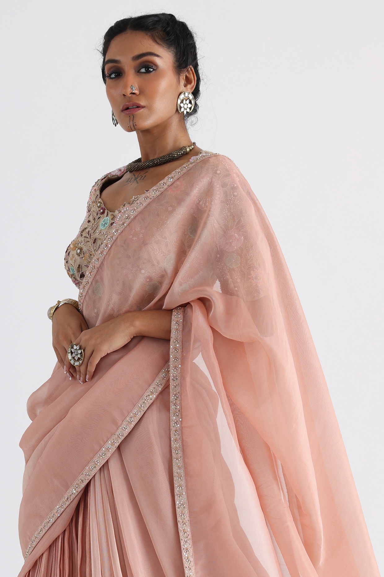 Pink with Green Floral Kanjivaram Silk Tissue Saree with Designer Blouse |  TST | The Silk Trend