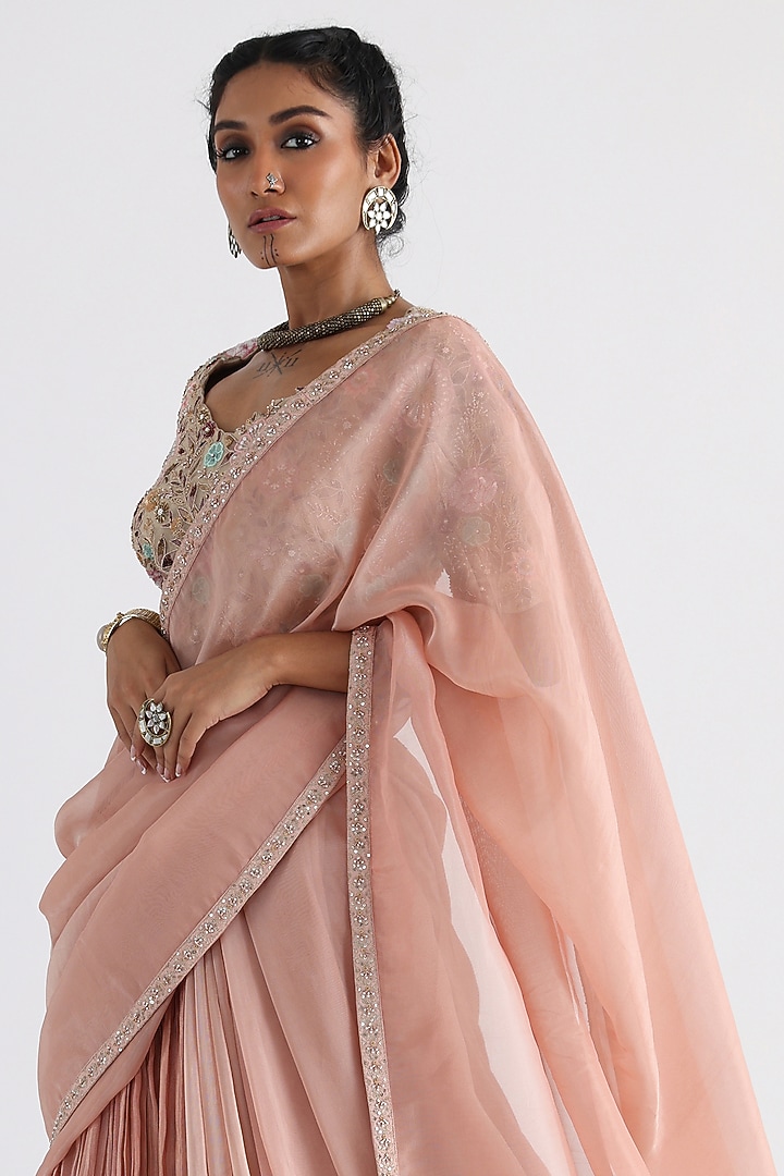 Peach Tissue & Bam Reception Lehenga Saree Set by Smriti by Anju Agarwal at Pernia's Pop Up Shop