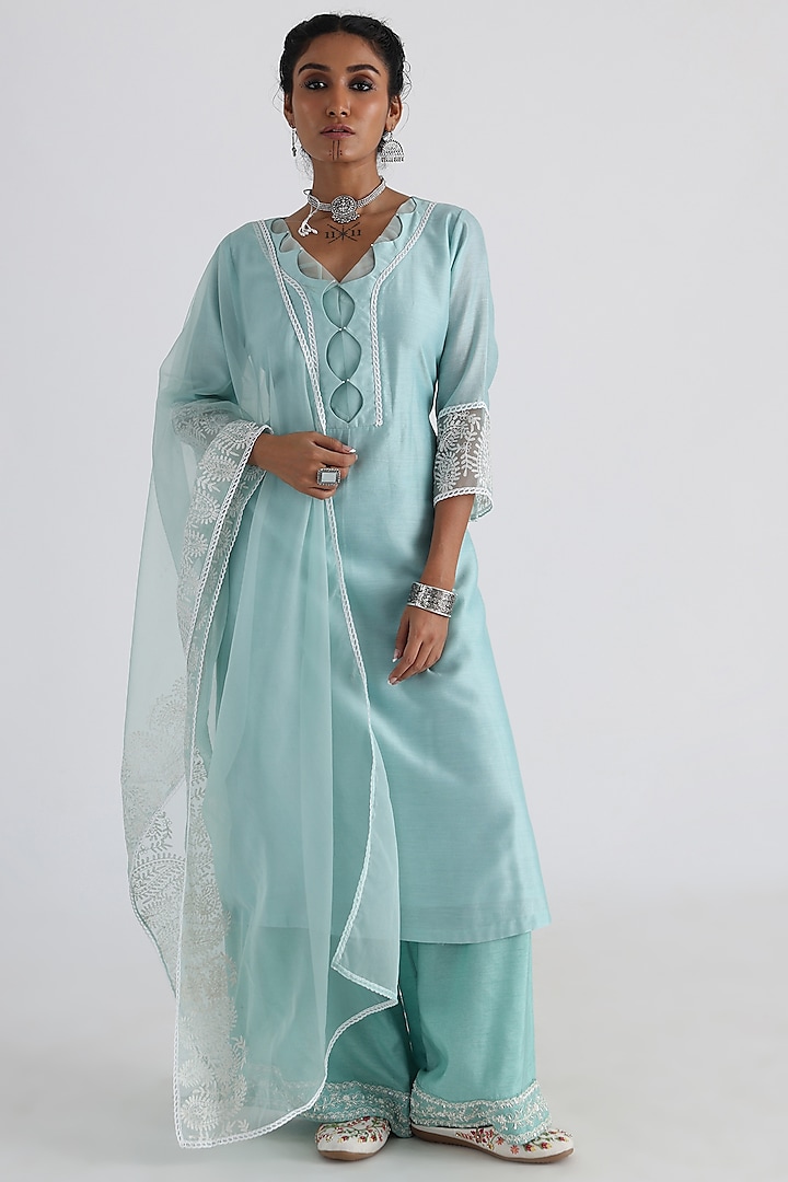 Aqua Blue Chanderi & Mulmul Embroidered Kurta Set by Smriti by Anju ...