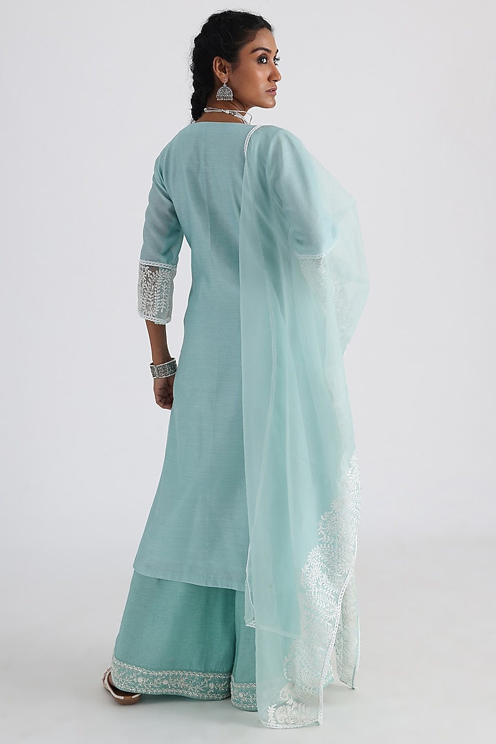 Aqua Blue Chanderi & Mulmul Embroidered Kurta Set by Smriti by Anju Agarwal at Pernia's Pop Up Shop