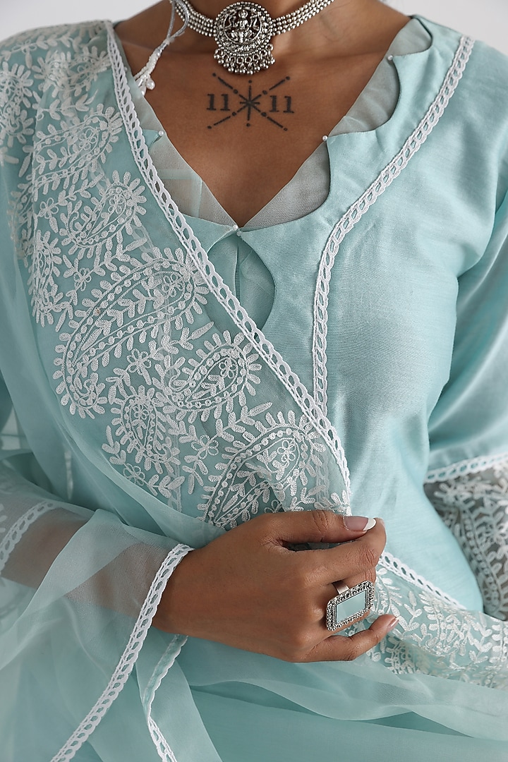 Aqua Blue Chanderi & Mulmul Embroidered Kurta Set by Smriti by Anju Agarwal at Pernia's Pop Up Shop