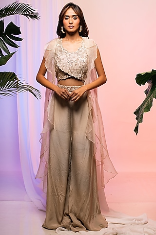 Dusty Gold Organza Embellished Ruffled Jacket Set by Smriti by Anju Agarwal