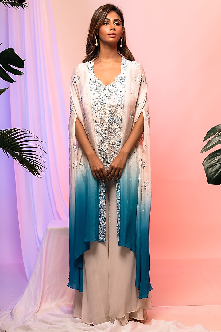 Ivory & Blue Chinon Embroidered Ombre Cape Set by Smriti by Anju Agarwal at Pernia's Pop Up Shop