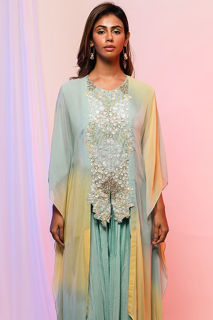 Aqua & Lime Georgette Embellished Shaded Kaftan Set by Smriti by Anju Agarwal at Pernia's Pop Up Shop