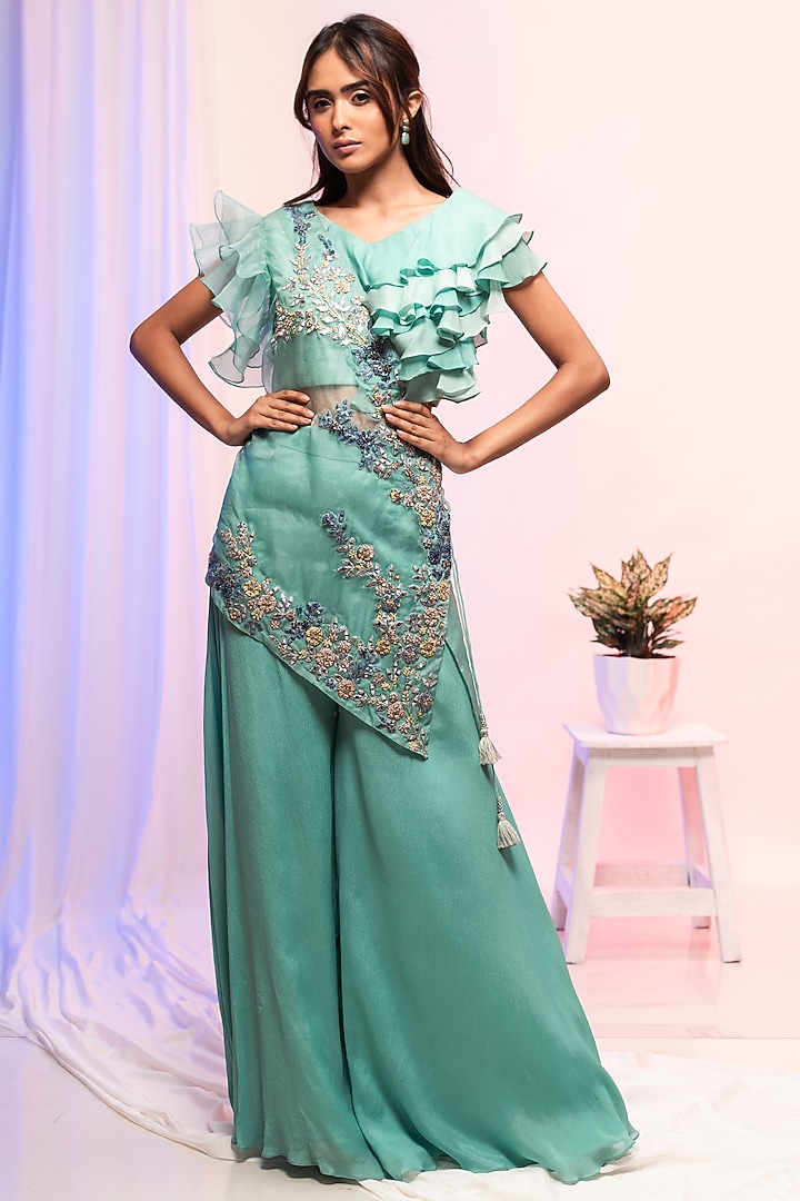 Aqua Blue Organza Embellished One-Sided Cape Set by Smriti by Anju Agarwal at Pernia's Pop Up Shop