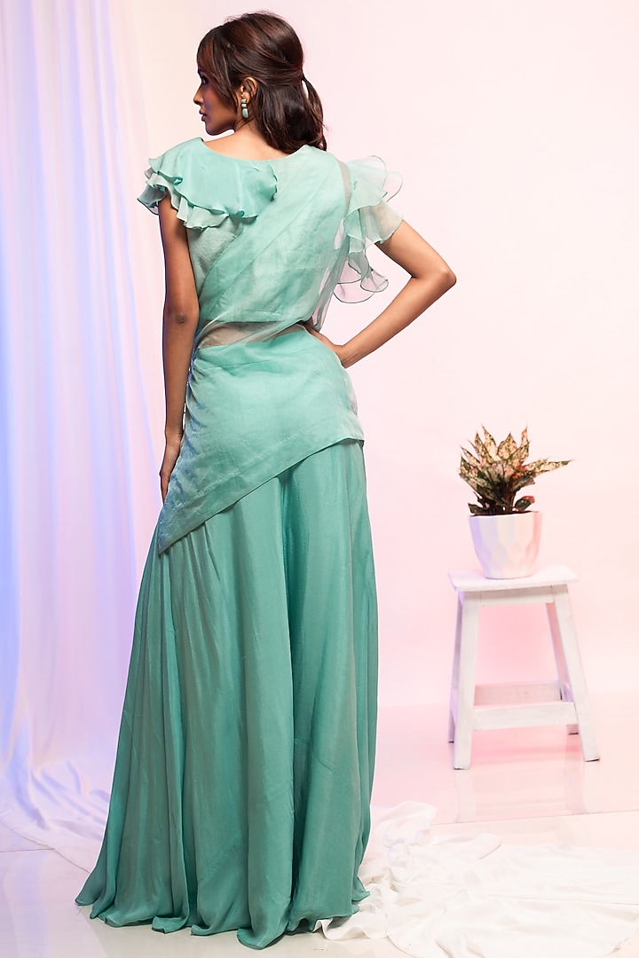 Aqua Blue Organza Embellished One-Sided Cape Set by Smriti by Anju Agarwal at Pernia's Pop Up Shop