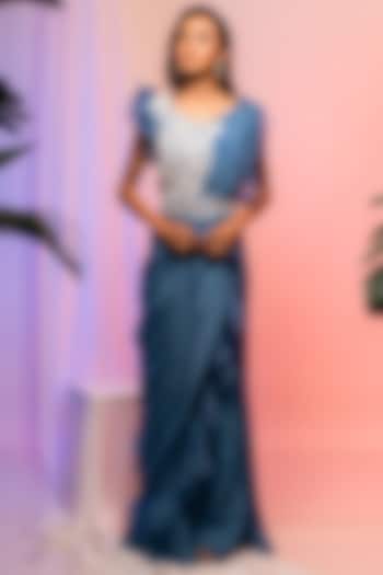 Blue Chinon Ruffled Pant Party Wear Saree Set by Smriti by Anju Agarwal at Pernia's Pop Up Shop