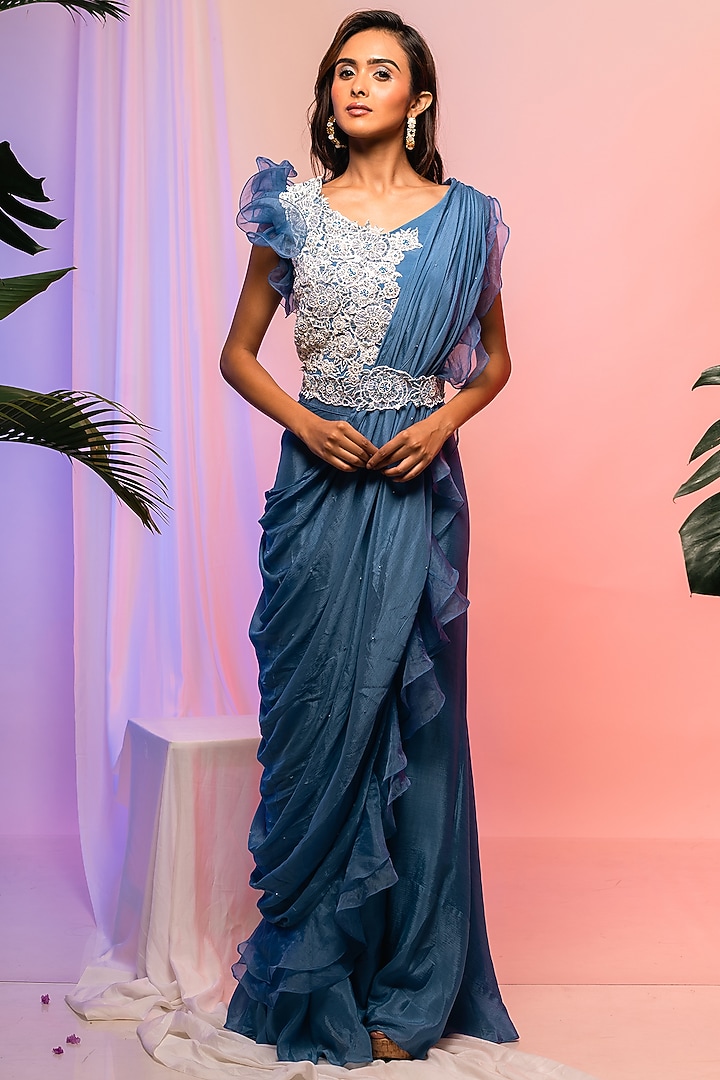 Blue Chinon Ruffled Pant Party Wear Saree Set by Smriti by Anju Agarwal at Pernia's Pop Up Shop
