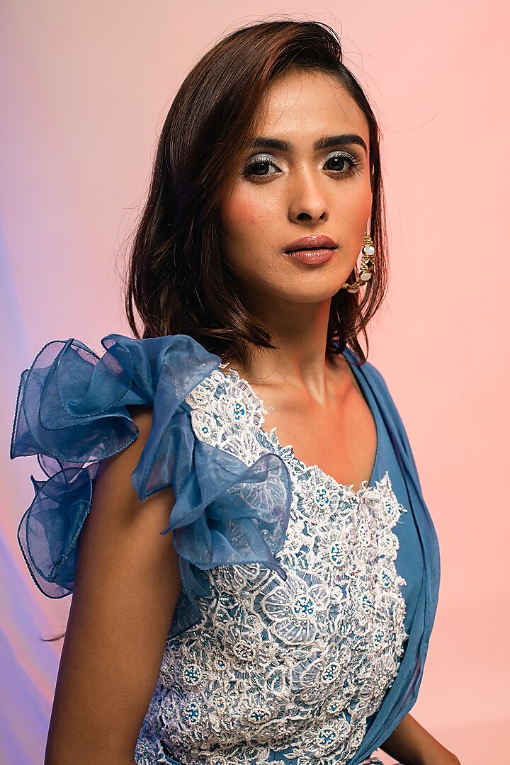 Blue Chinon Ruffled Pant Party Wear Saree Set by Smriti by Anju Agarwal at Pernia's Pop Up Shop