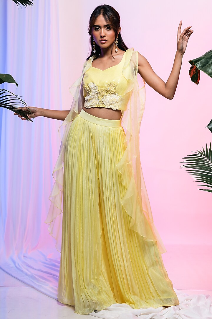 Yellow Organza Ruffled Jacket Set by Smriti by Anju Agarwal at Pernia's Pop Up Shop