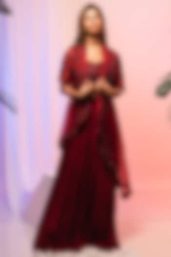 Garnet Maroon Organza Embellished Jacket Set by Smriti by Anju Agarwal at Pernia's Pop Up Shop