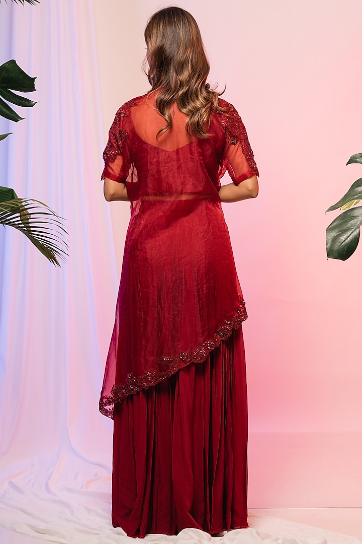 Garnet Maroon Organza Embellished Jacket Set by Smriti by Anju Agarwal at Pernia's Pop Up Shop