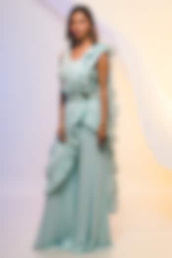 Arctic Blue Chinon Pleated Pant Party Wear Saree Set by Smriti by Anju Agarwal at Pernia's Pop Up Shop