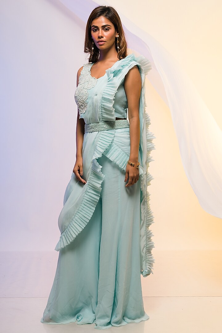 Arctic Blue Chinon Pleated Pant Party Wear Saree Set by Smriti by Anju Agarwal at Pernia's Pop Up Shop