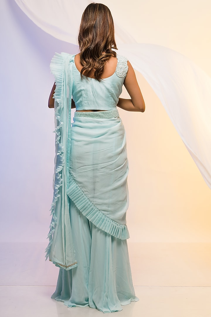 Arctic Blue Chinon Pleated Pant Party Wear Saree Set by Smriti by Anju Agarwal at Pernia's Pop Up Shop