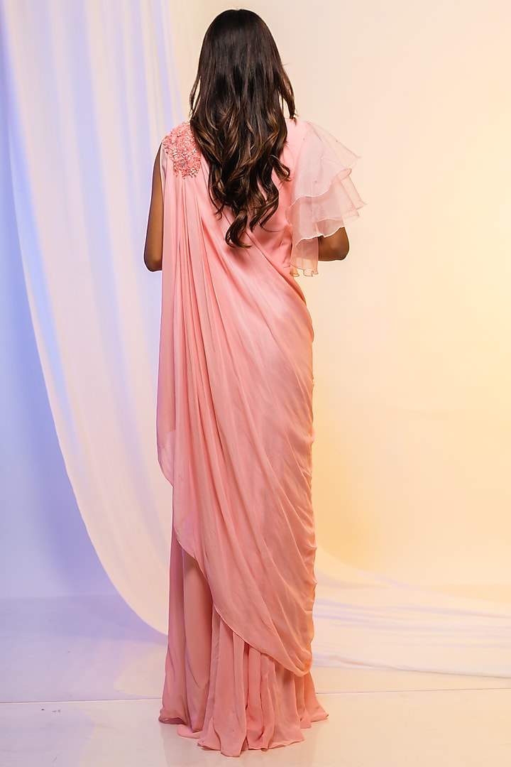 Peach Georgette Draped Party Wear Gown Saree by Smriti by Anju Agarwal at Pernia's Pop Up Shop